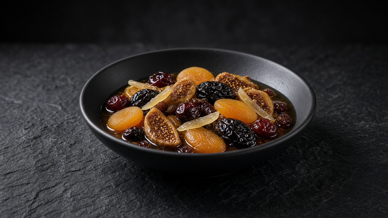Plump dried figs, apricots, cherries, prunes and raisins with slivers of candied ginger in a glossy amber ginger syrup, in a matte black bowl.