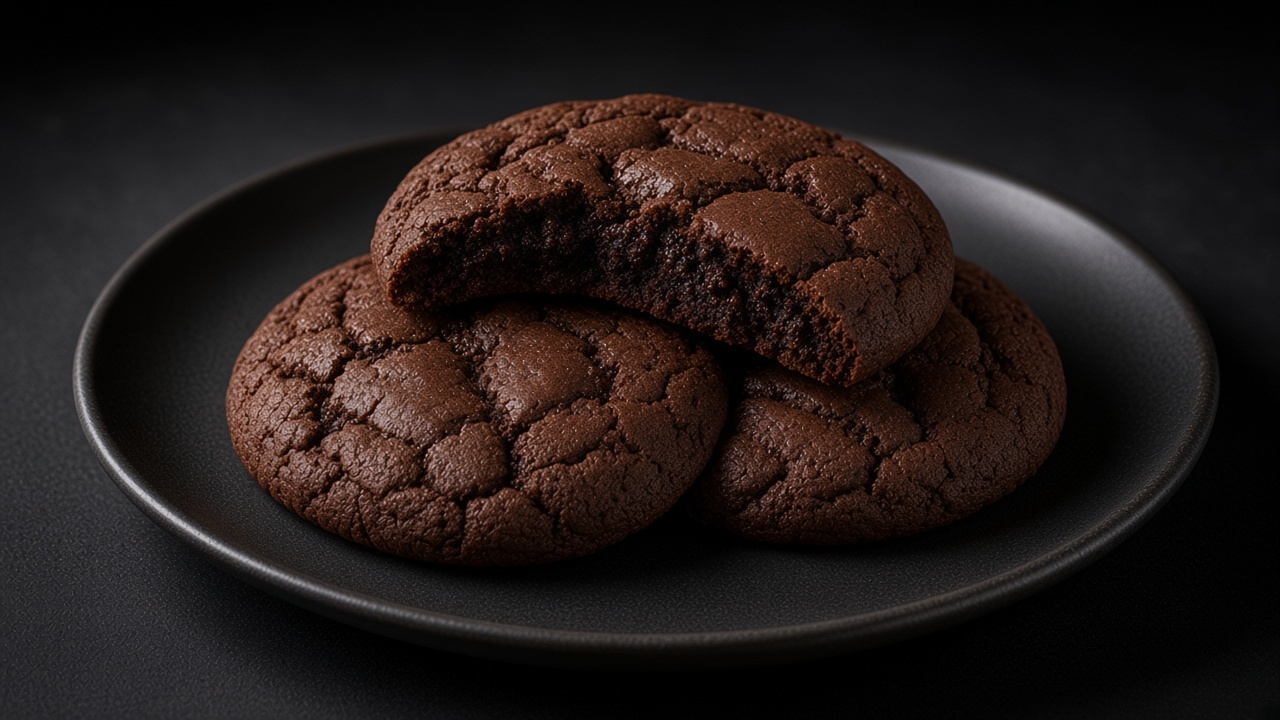 Dark chocolate cookies with gently rounded tops arranged on a matte black plate.