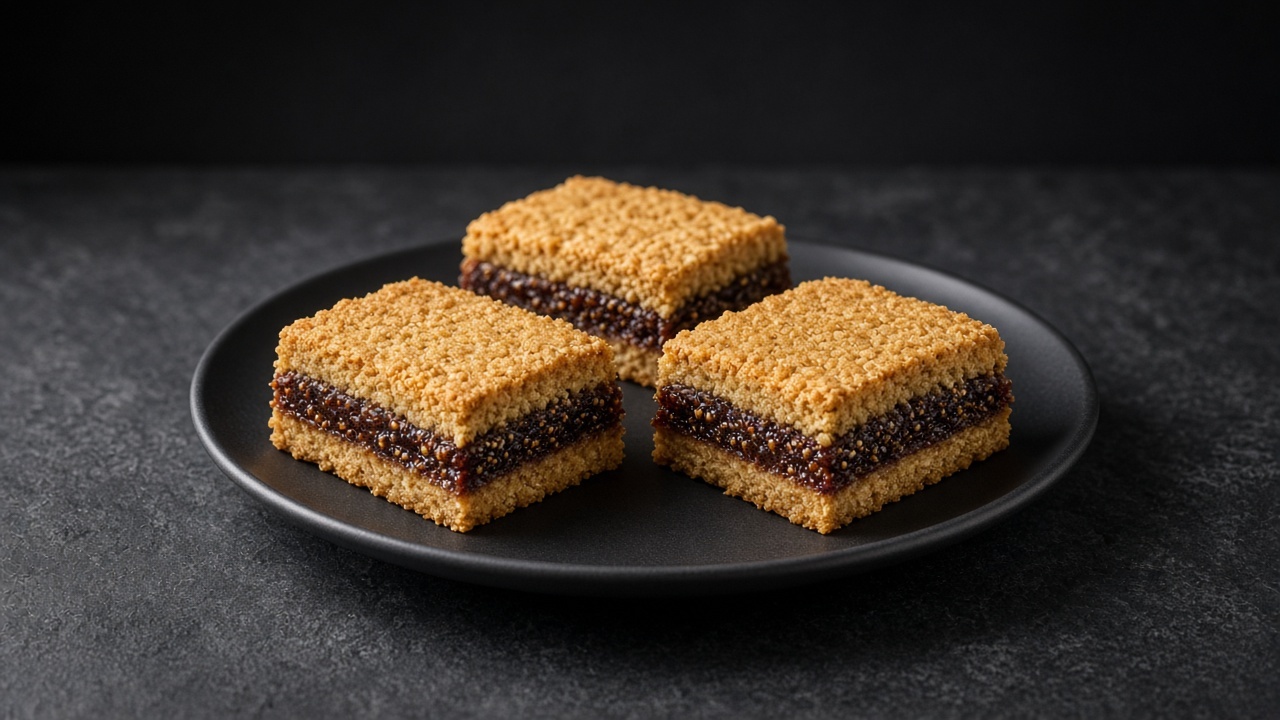 Golden cookie bars cut to show a dark fig filling between two layers.