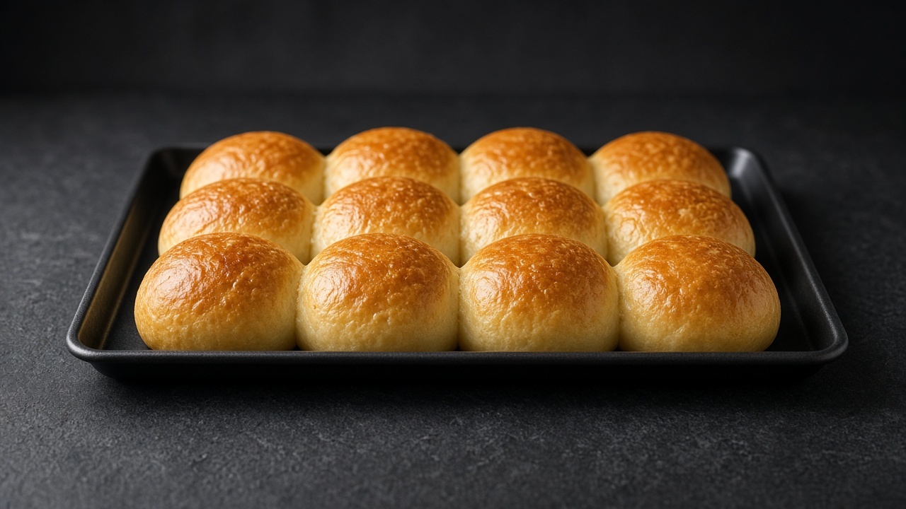 Round golden potato dinner rolls with egg-washed tops, baked close together on a baking tray.