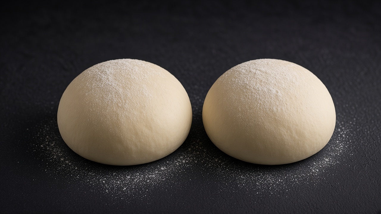 Smooth, lightly floured pizza dough balls arranged on a matte dark slate.