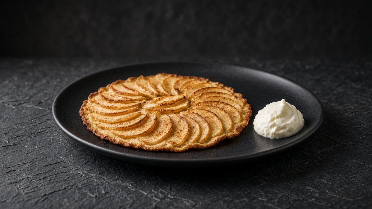 A thin, flat apple tart with rows of browned apple slices to the edge, with crème fraîche on the side.