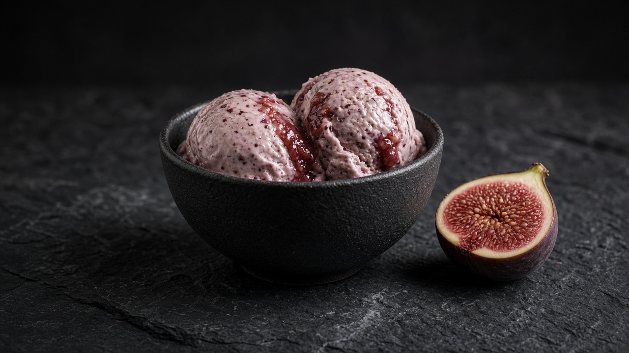 Two scoops of mauve-pink fig custard ice cream rippled with fig purée in a black bowl, beside a halved fresh fig.