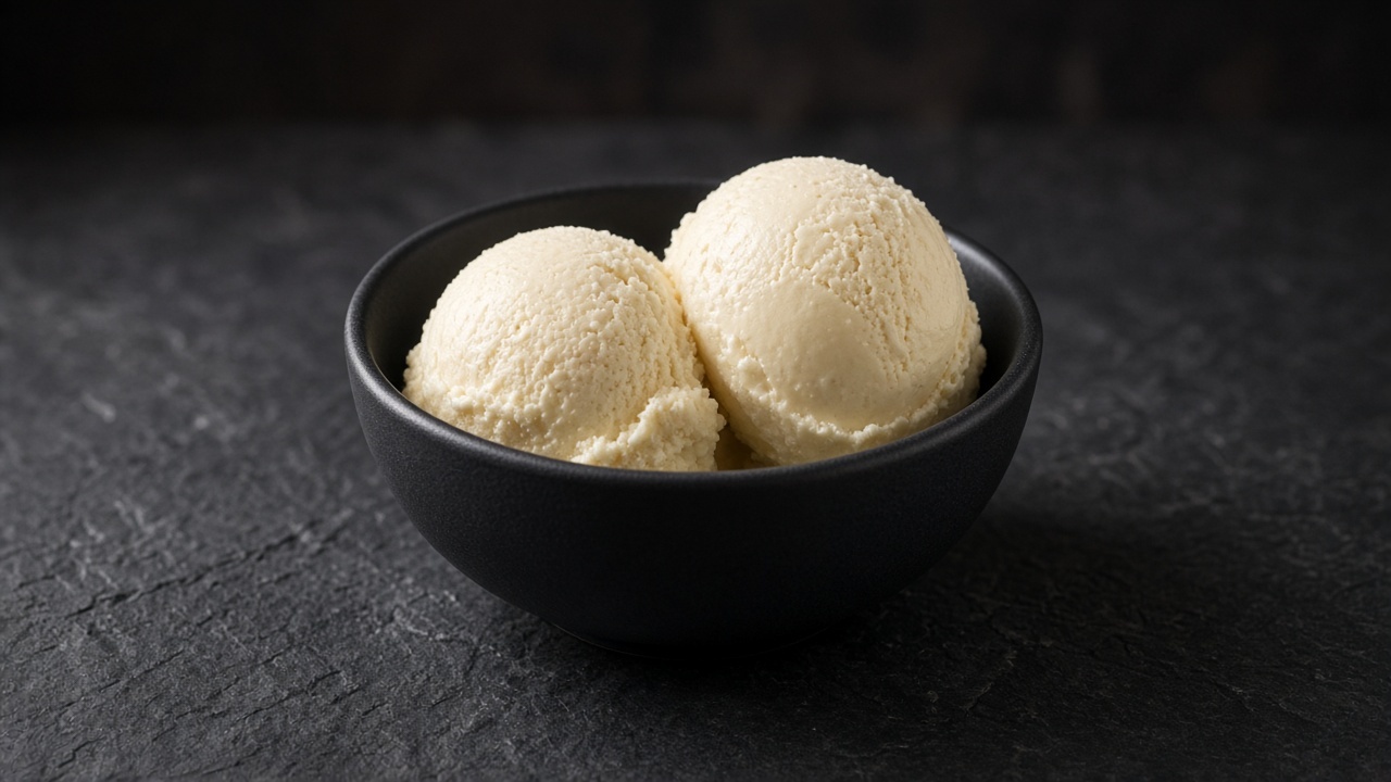 Two scoops of pale ivory ginger frozen yoghurt in a black bowl.