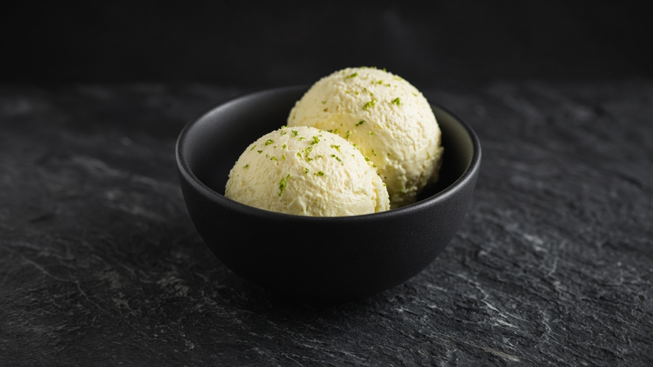 Two scoops of pale yellow lime custard ice cream flecked with green lime zest in a black bowl.