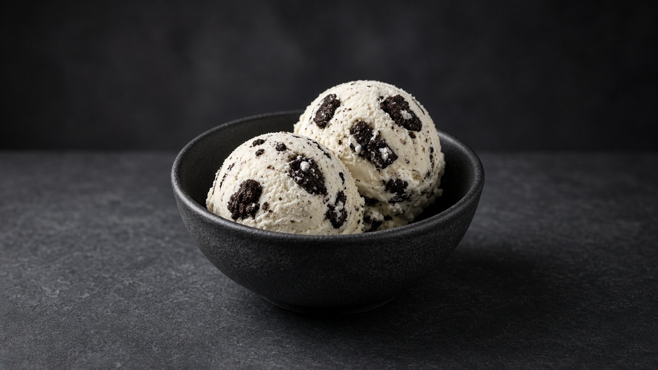 Two scoops of pale cream mint ice cream speckled with chocolate sandwich cookie pieces in a black bowl.