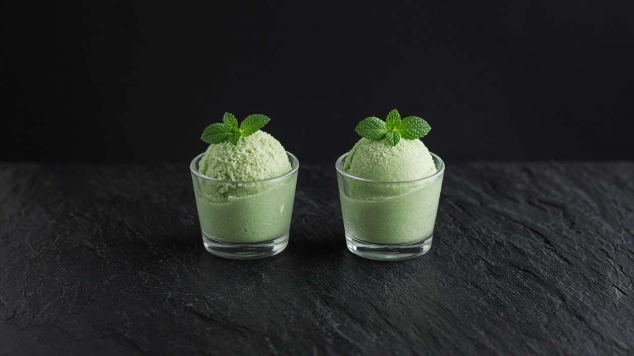 Pale green mint sorbet in two small glasses, each topped with a mint sprig.