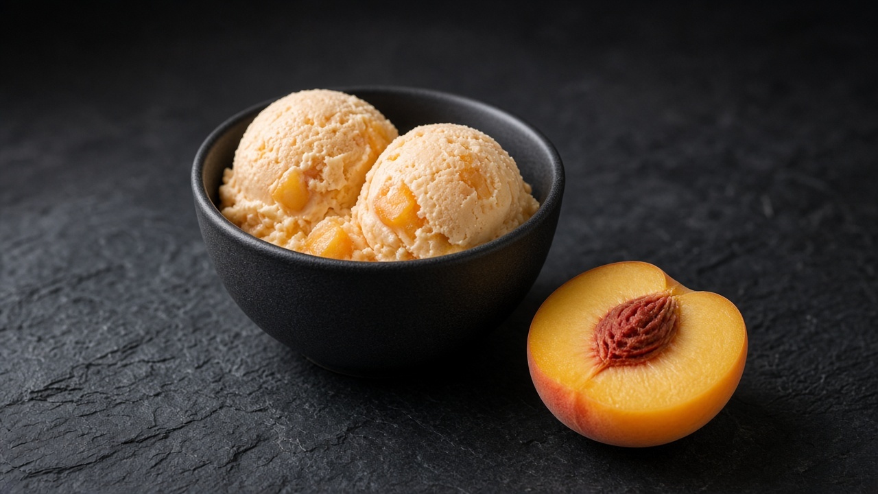 Two scoops of pale peach custard ice cream with pieces of peach in a black bowl, beside a halved fresh peach.