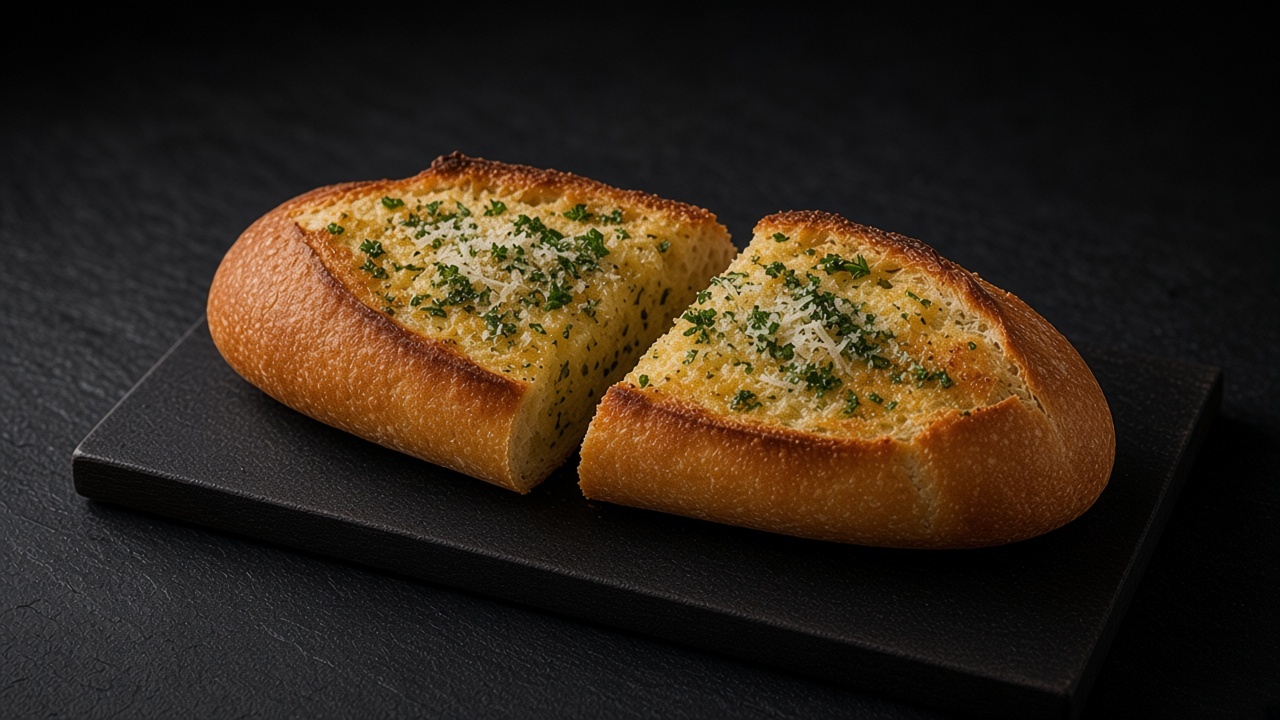 Two halves of golden baguette garlic bread topped with parsley and Parmesan on a matte black board.
