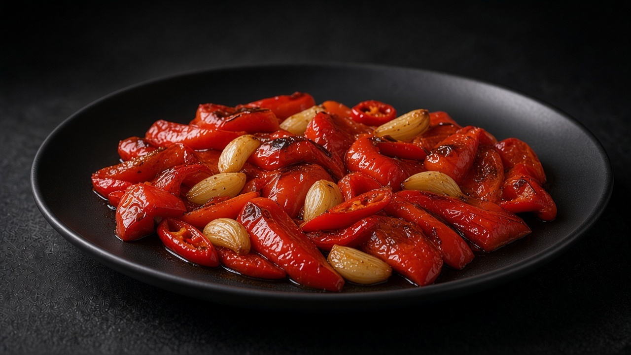 Slow-roasted quartered red peppers and halved red chillies with soft whole garlic cloves in olive oil on a matte black plate.