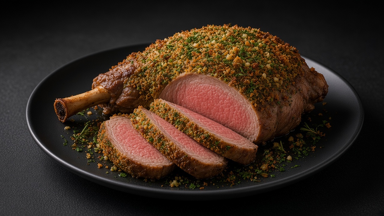 Sliced roast leg of lamb with a golden herb crumb crust on a matte dark plate.