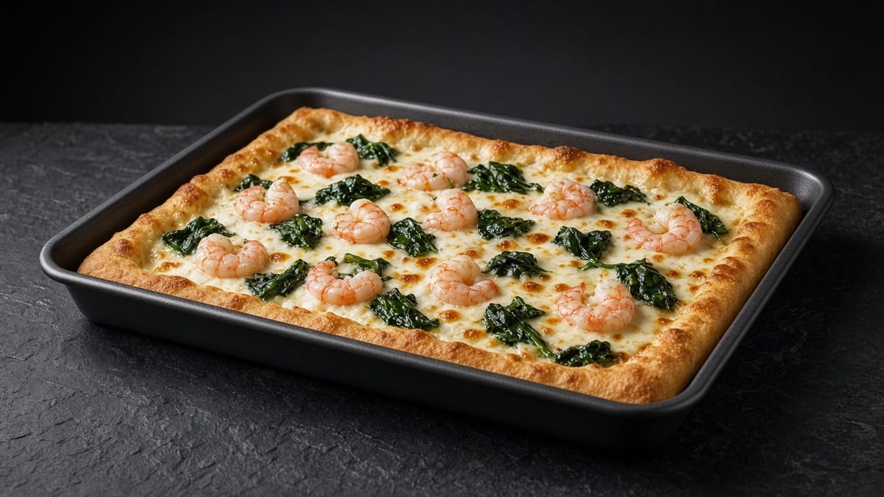 A rectangular pizza with a golden crust, white melted cheese, pale pink cooked prawns, dark spinach pieces, and golden-brown cheese spots.