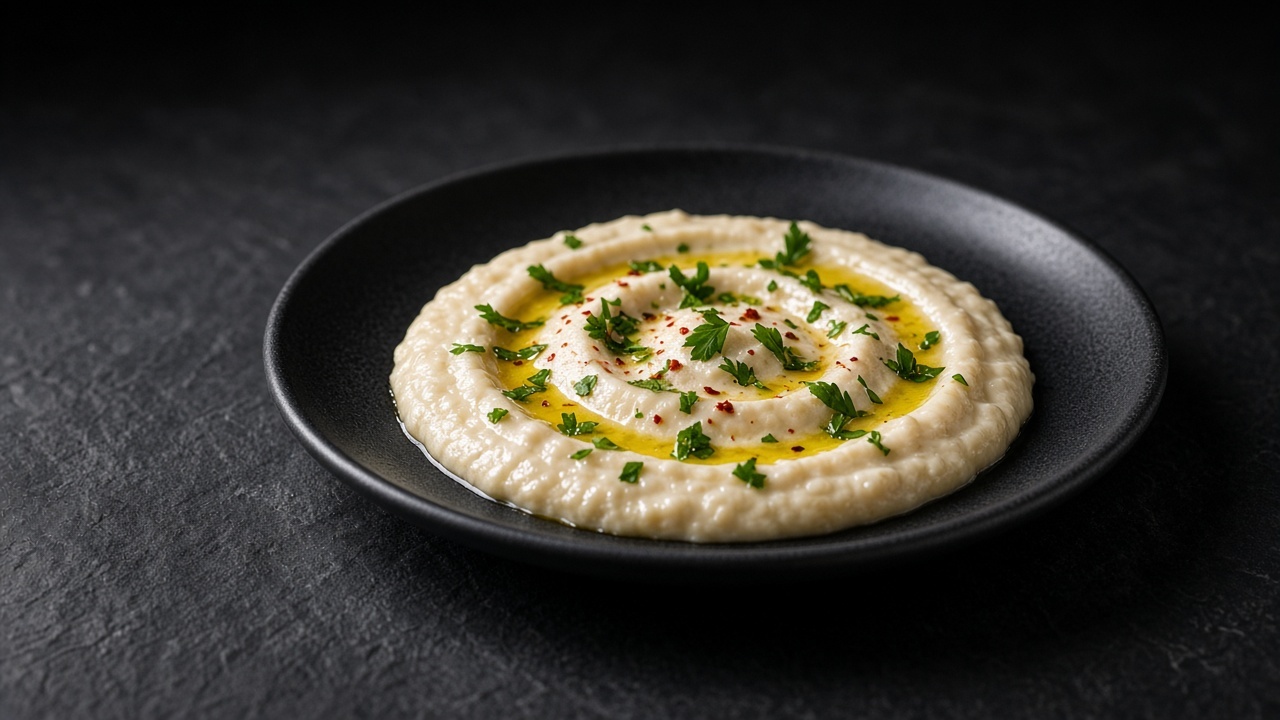 Creamy white bean dip swirled with olive oil, parsley and chilli flakes on a black plate