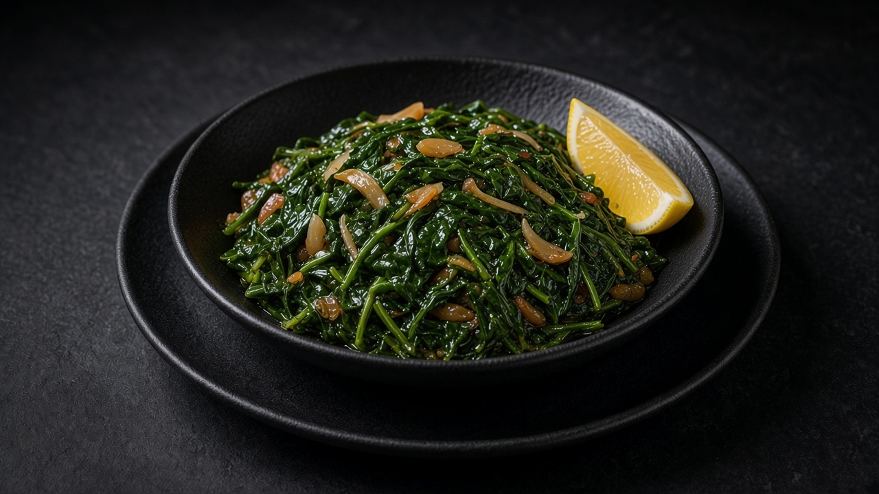 Glossy wilted spinach and chard with garlic in a matte black bowl with a lemon wedge.