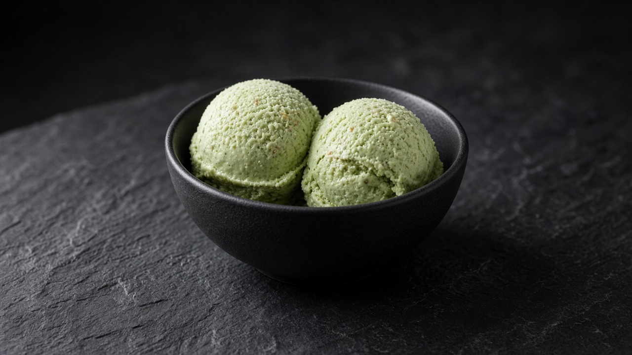 Two scoops of soft pale green matcha and ginger custard ice cream in a black bowl.