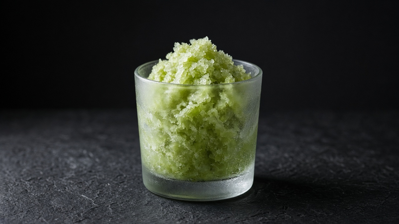 Light green matcha and ginger granita crystals piled in a frosted glass.