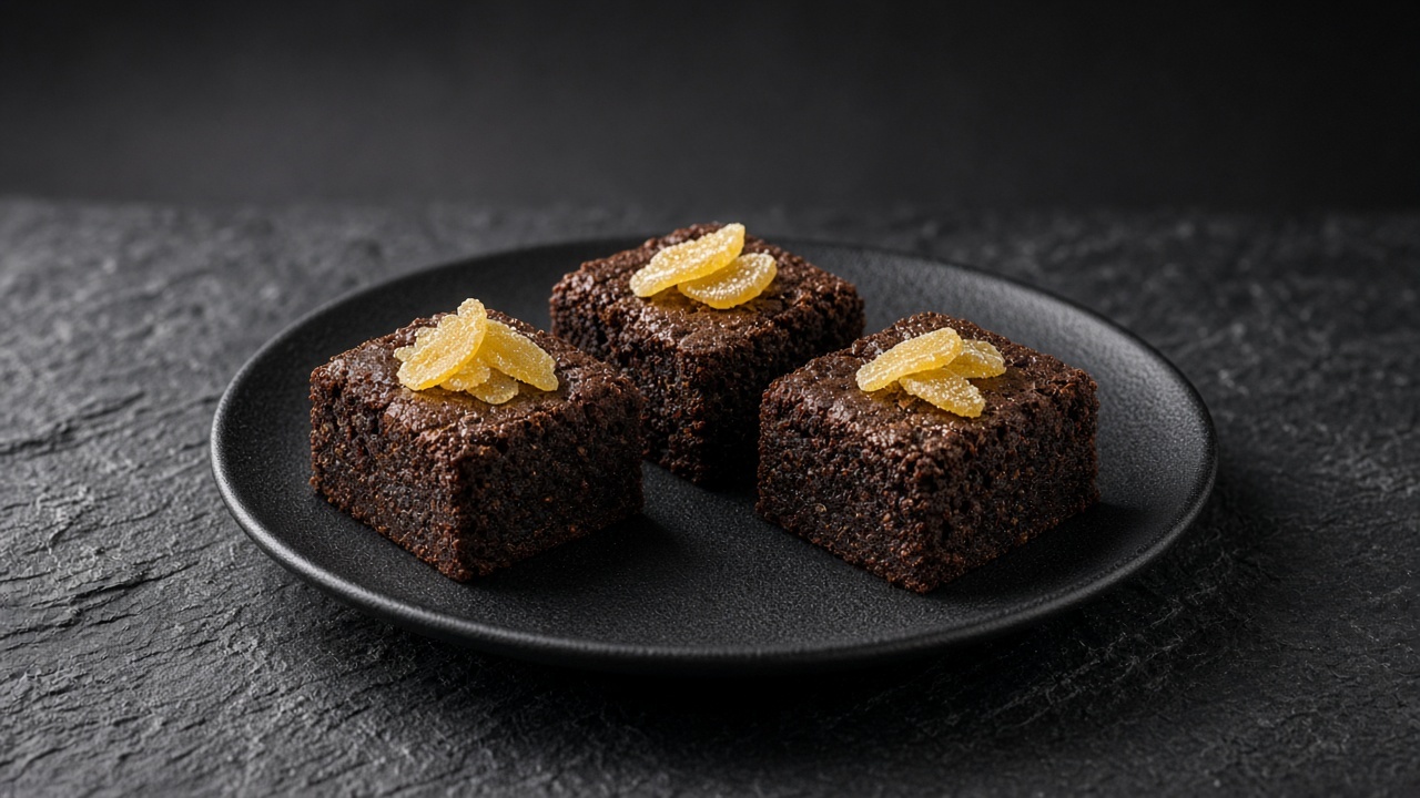 Dark spiced brownie squares topped with thin slices of crystallised ginger.