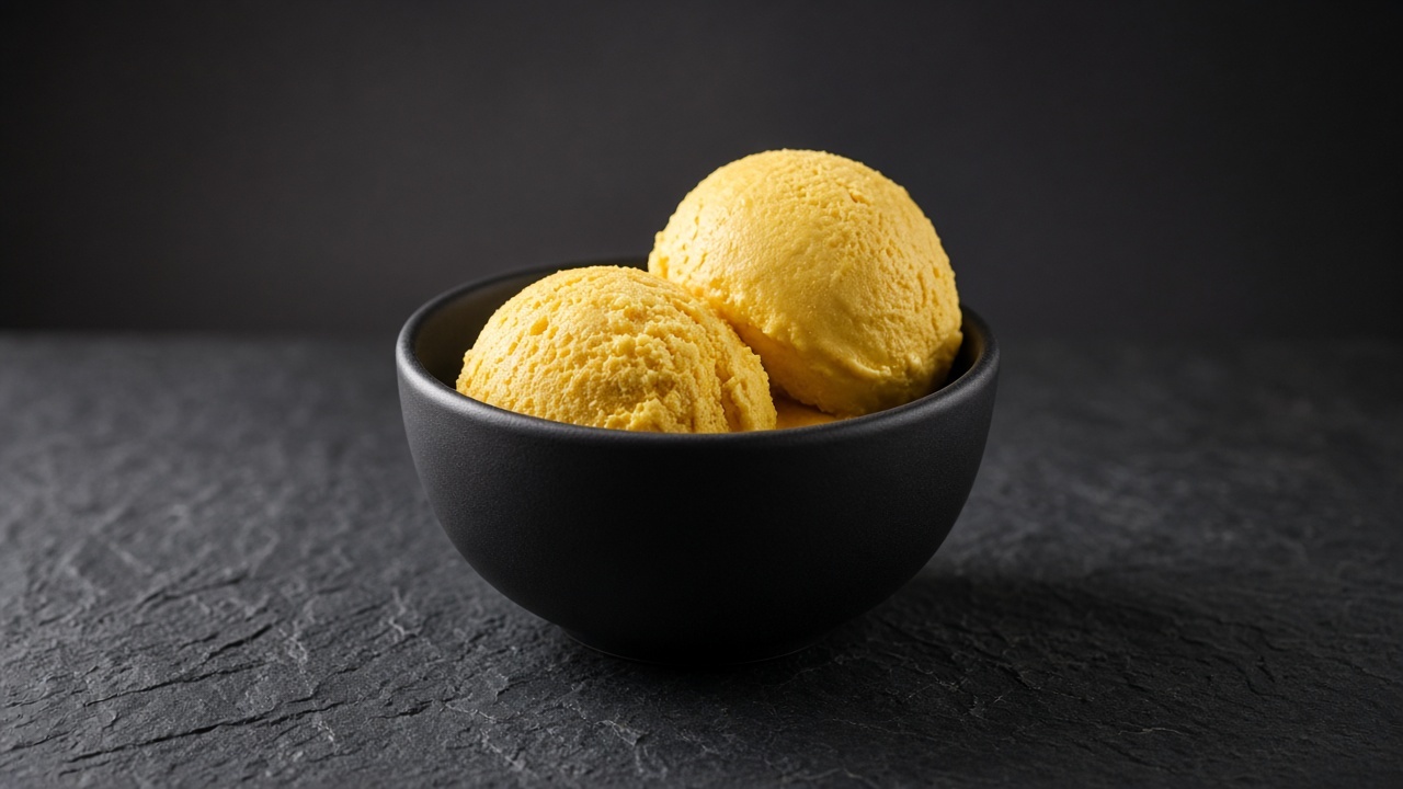 Two scoops of rich golden ginger and turmeric frozen yoghurt in a black bowl.