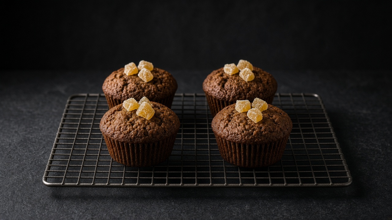 Dark brown gingerbread muffins on a wire rack, topped with small pieces of crystallised ginger.