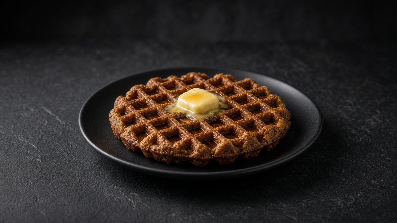 A deep brown, spiced waffle with a crisp grid pattern and a pat of butter melting on top.