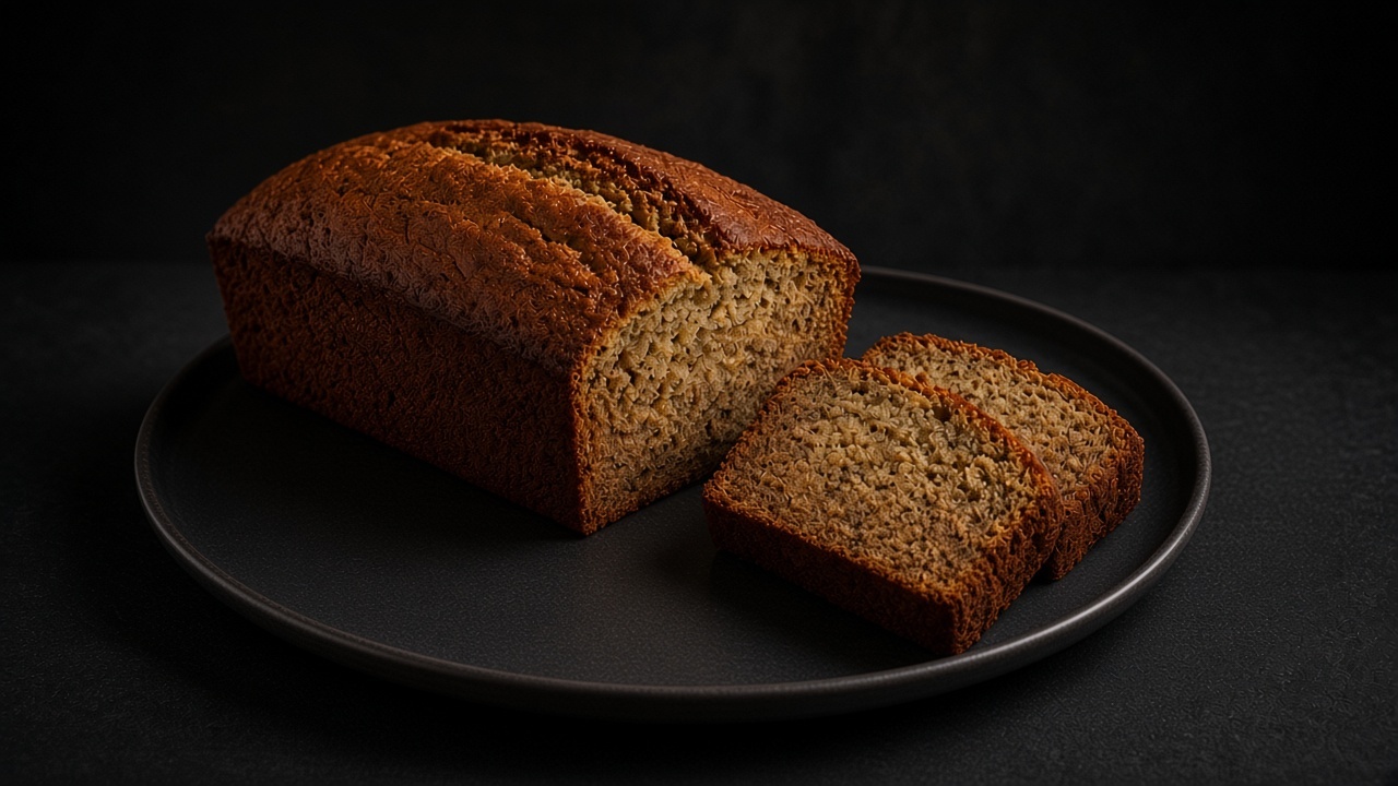 Slices of gluten-free banana bread with a dark crust, on a black board.