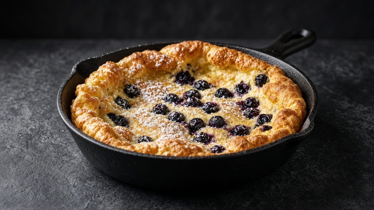A puffed golden pancake studded with burst blueberries and dusted with icing sugar.