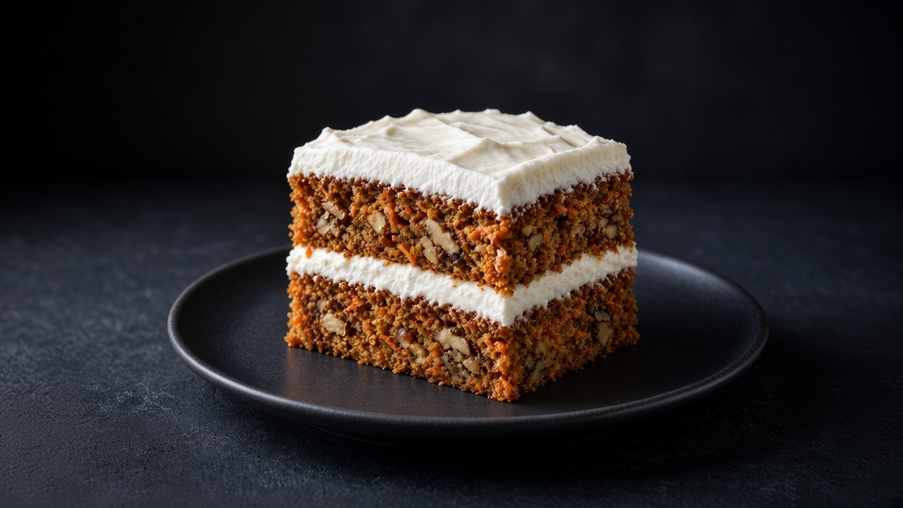 A slice of gluten-free carrot cake with cream cheese frosting and walnuts on a black plate.
