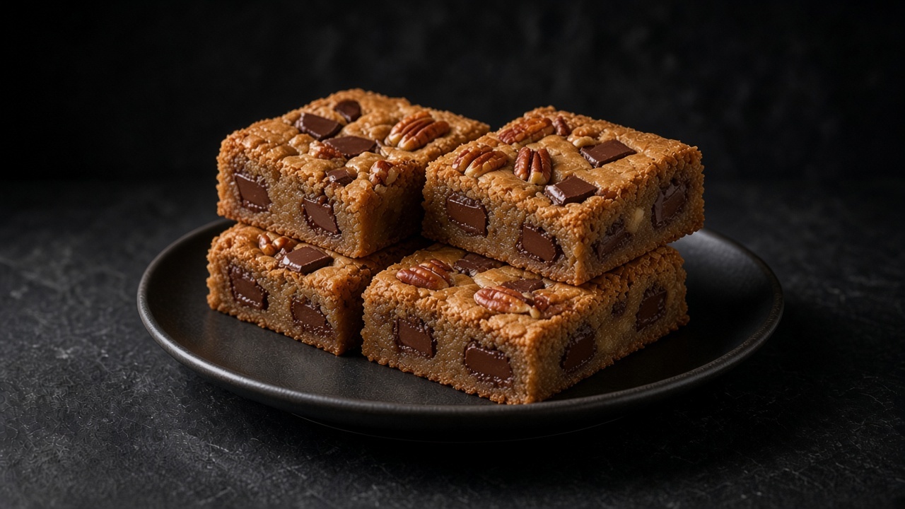 Squares of gluten-free blondies studded with chocolate and pecans on a black plate.