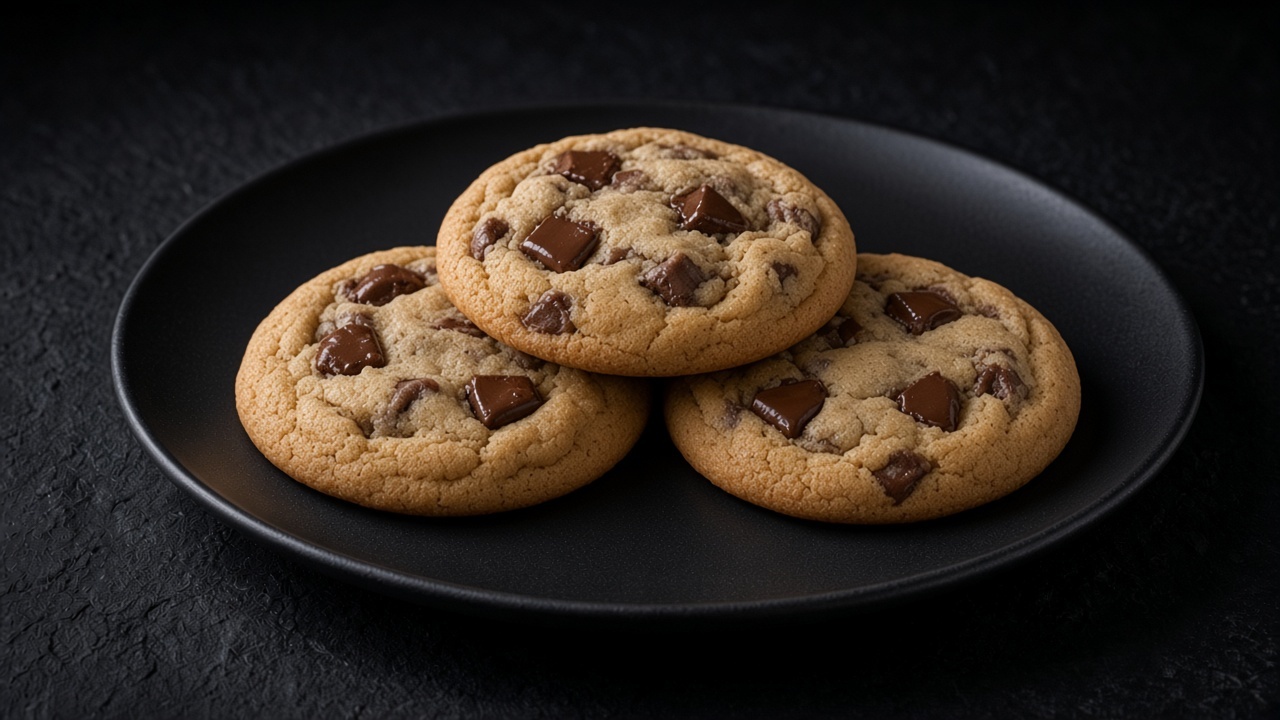 Gluten-free chewy chocolate chip cookies with pools of dark chocolate, stacked on a black plate.