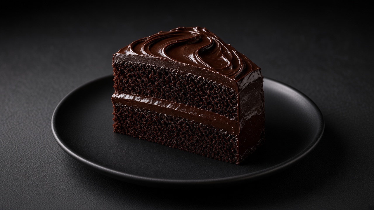 A slice of gluten-free chocolate layer cake with glossy ganache on a black plate.