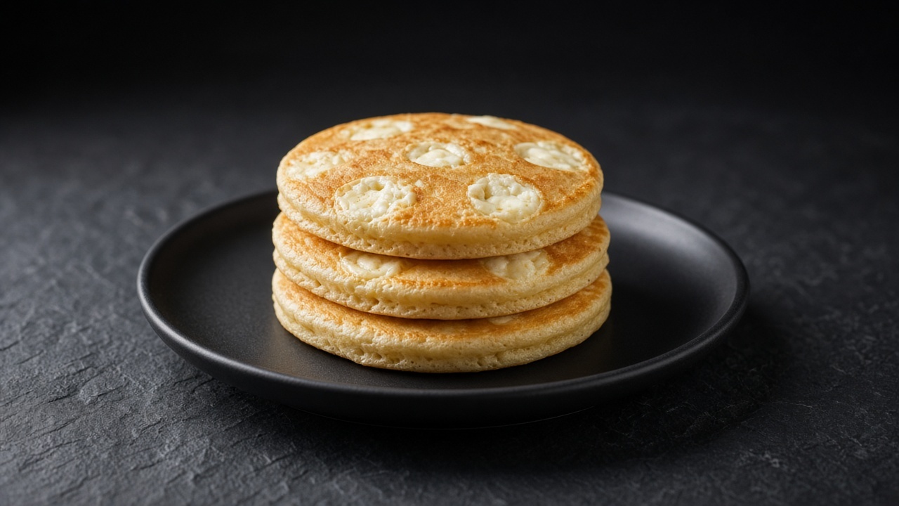 A stack of gluten-free pancakes studded with melted cream cheese pockets, warm and tender.