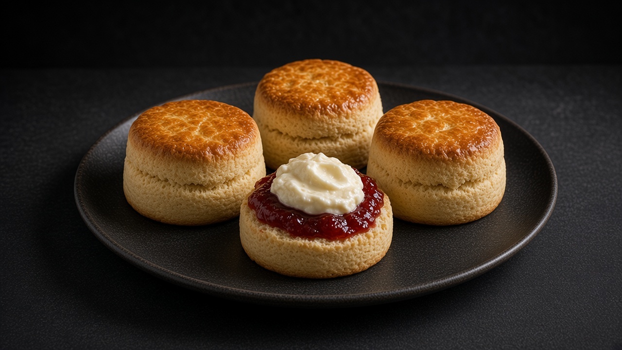 Golden gluten-free scones split and topped with jam and clotted cream on a black plate.