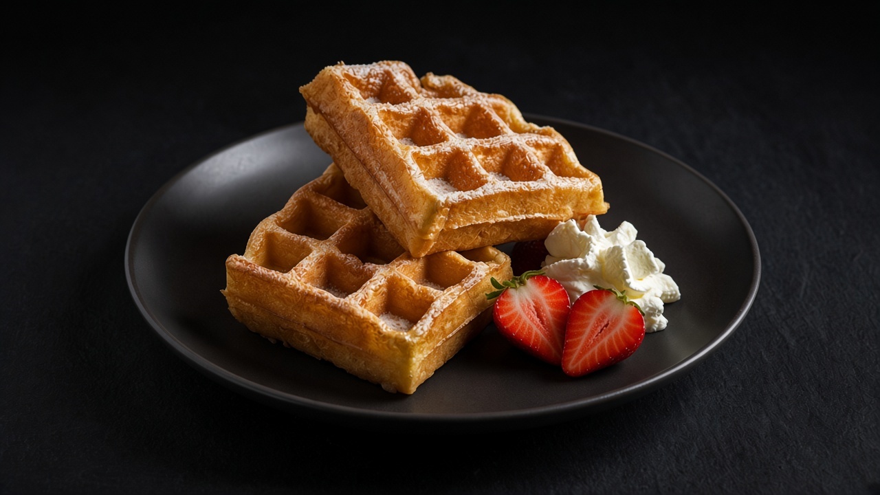 Gluten-free waffles with strawberries and whipped cream on a black plate.