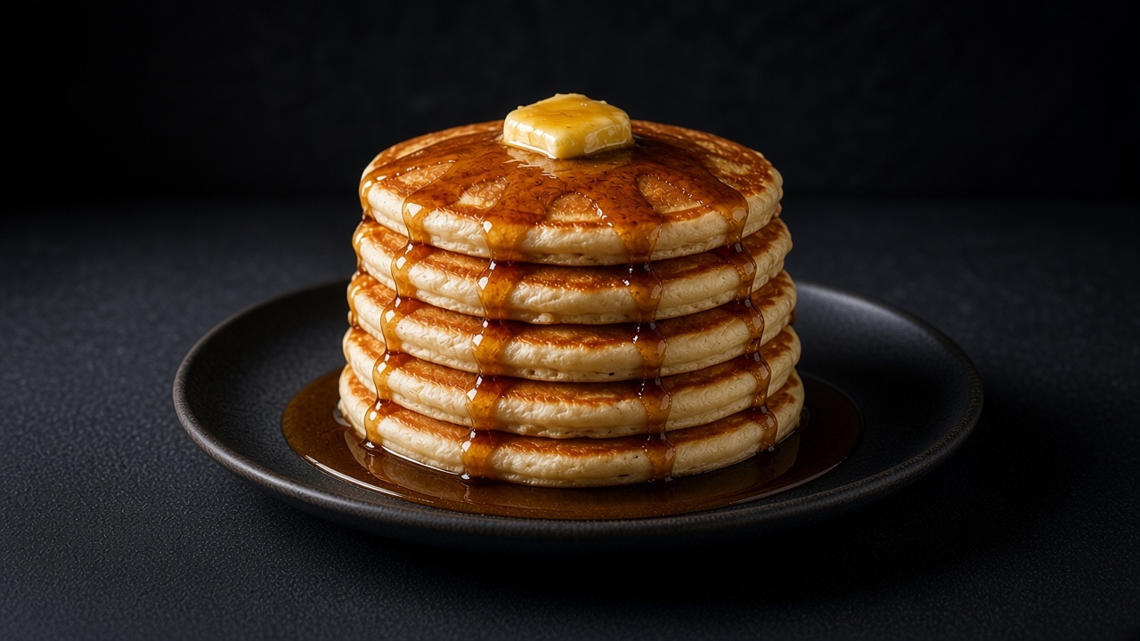 A stack of golden gluten-free buttermilk pancakes with butter and maple syrup on a black plate.