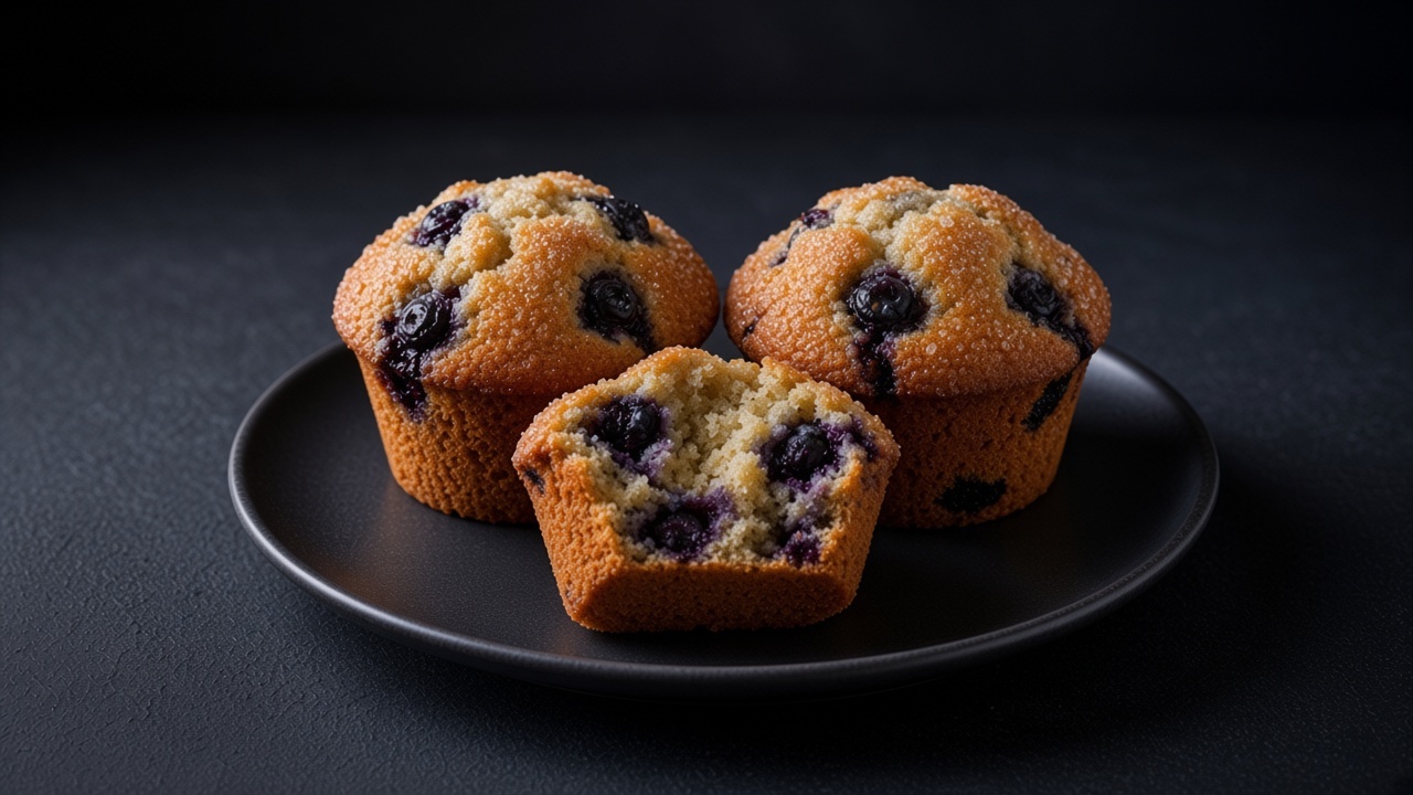 Gluten-free blueberry muffins with a crunchy lemon-sugar top on a black plate.