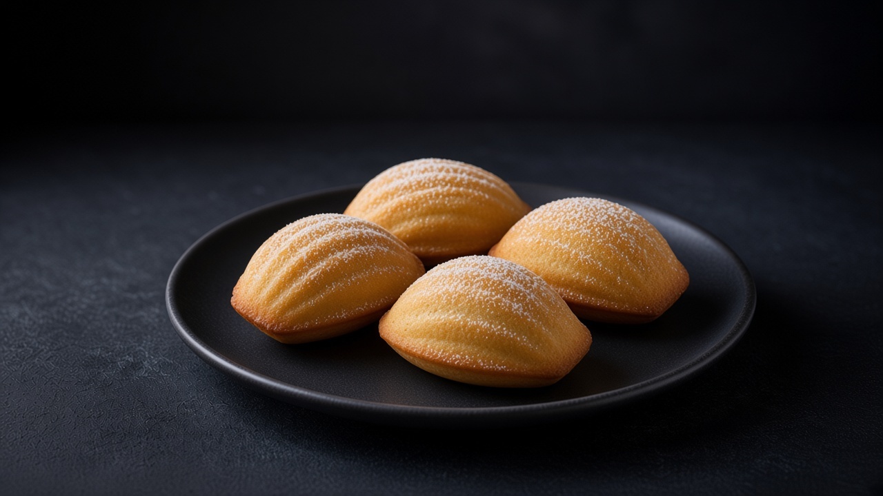 Gluten-free madeleines dusted with icing sugar on a black plate.
