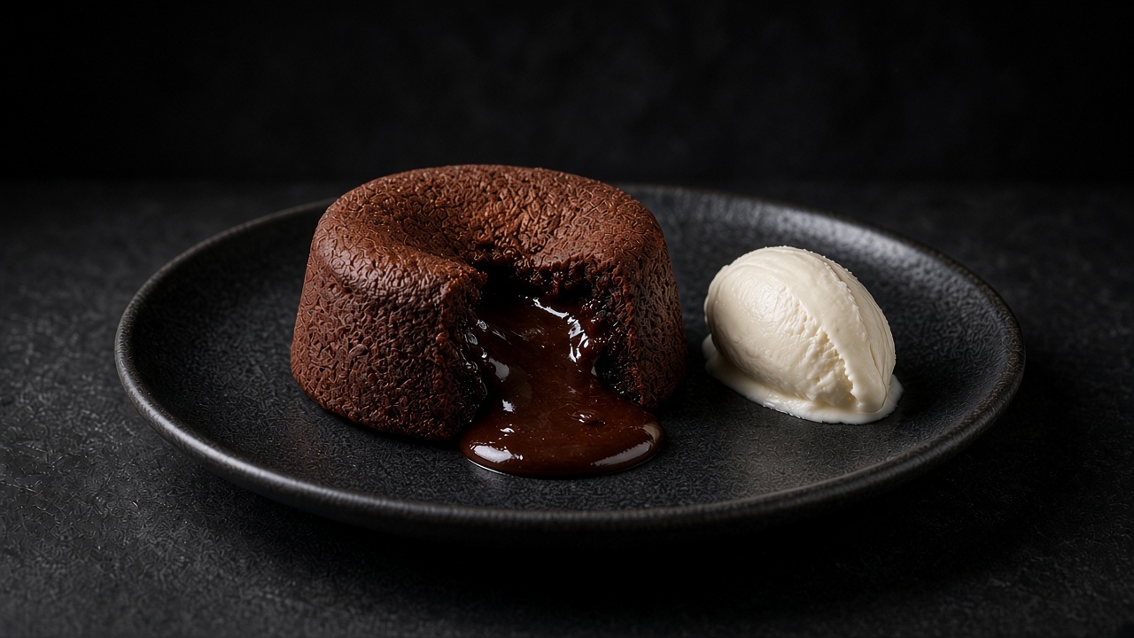 A gluten-free molten chocolate cake cut open to show a flowing centre, on a black plate.