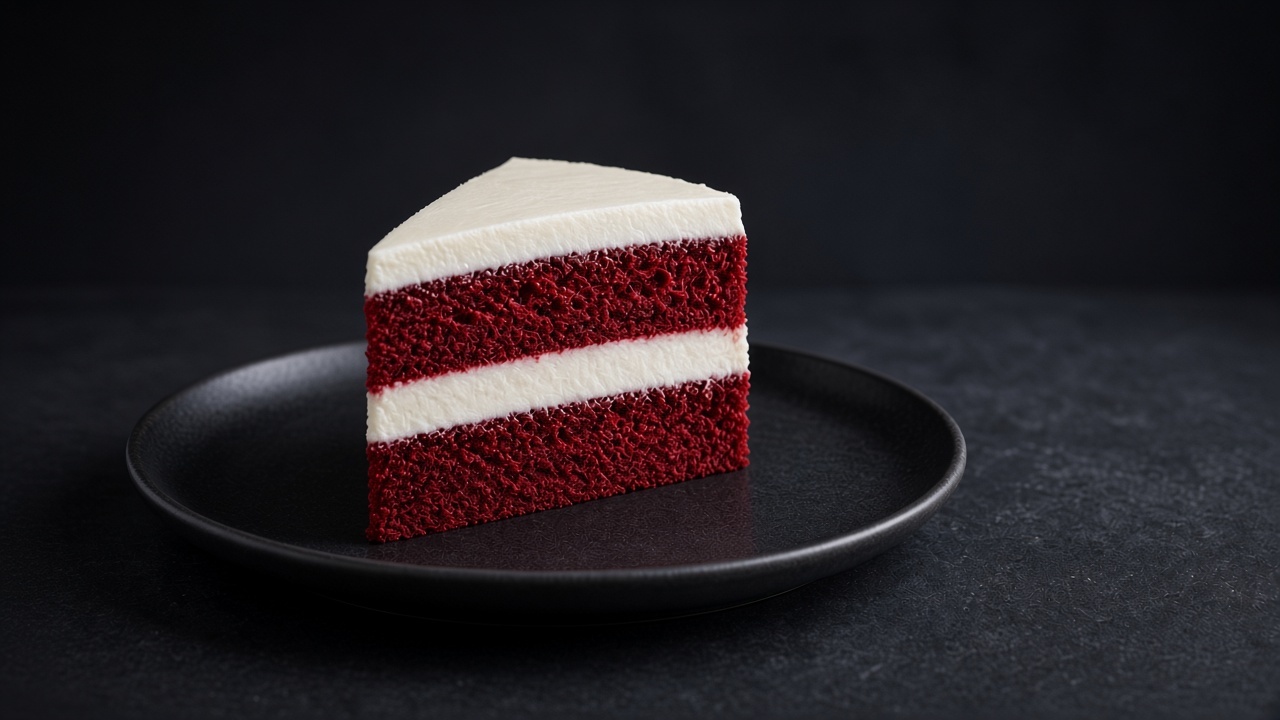 A slice of gluten-free red velvet cake with white cream cheese frosting on a black plate.