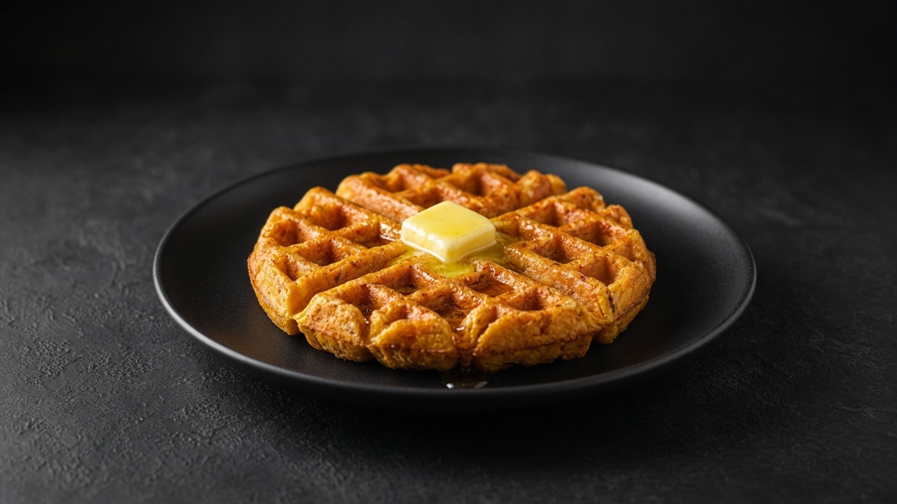 A golden, deep-ridged sweet potato waffle with a pat of butter melting on top.