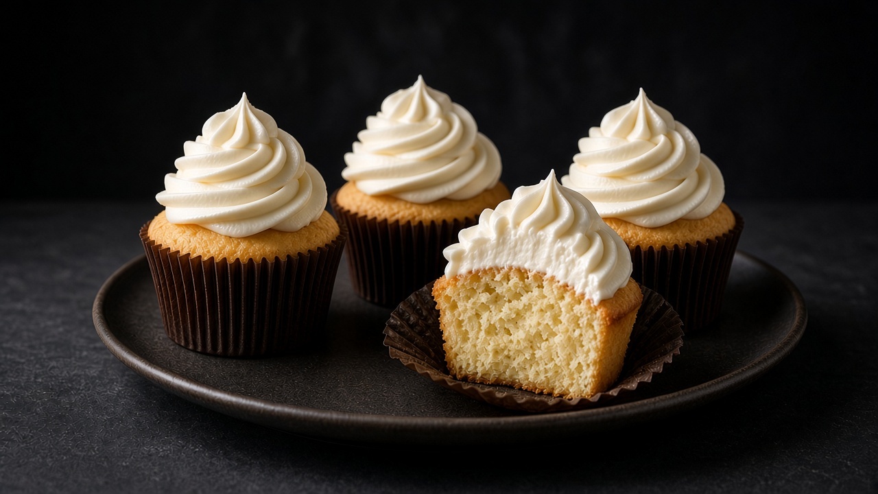 Gluten-free vanilla cupcakes piped with swirls of vanilla buttercream on a black plate.