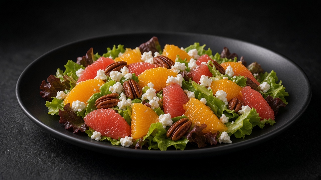 Spring lettuce topped with chopped orange and red grapefruit segments, crumbled goat cheese and glazed pecans on a matte black plate.