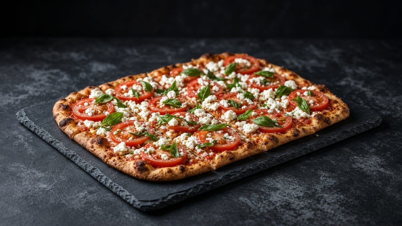 Large rectangular pizza on a slate board, cut into small pieces, topped with crumbled goats' cheese, fresh tomato slices and basil leaves.
