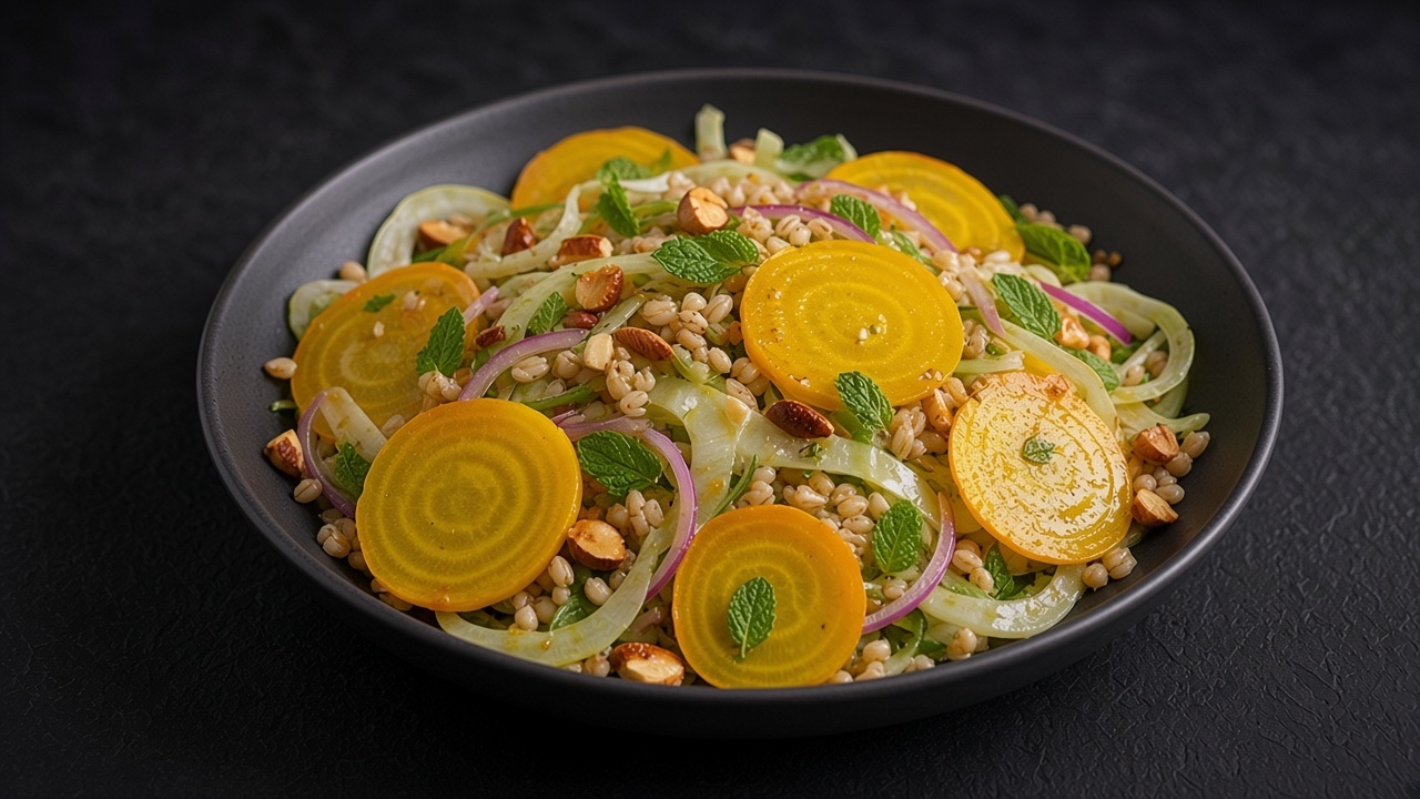 Thin golden beetroot rounds, shaved fennel, barley, red onion, almonds and mint on a matte dark plate.