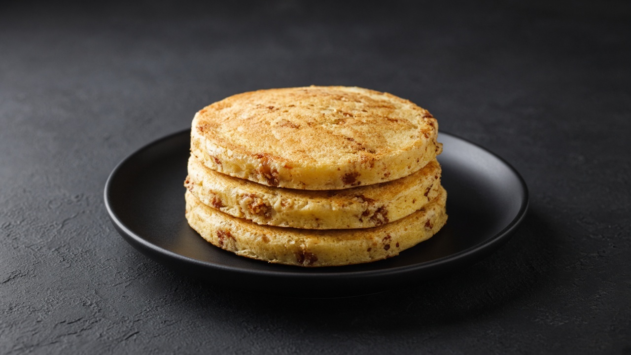 A stack of golden pancakes with a flecked, toasty crumb from crushed graham crackers.