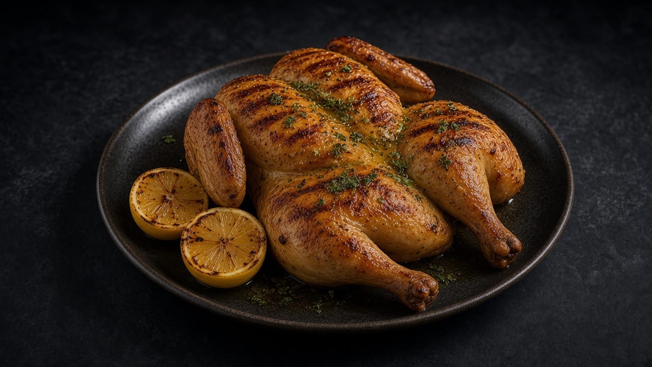 A grilled spatchcocked chicken with crisp, char-striped skin and an oregano dressing, with charred lemon halves, on a matte black platter.