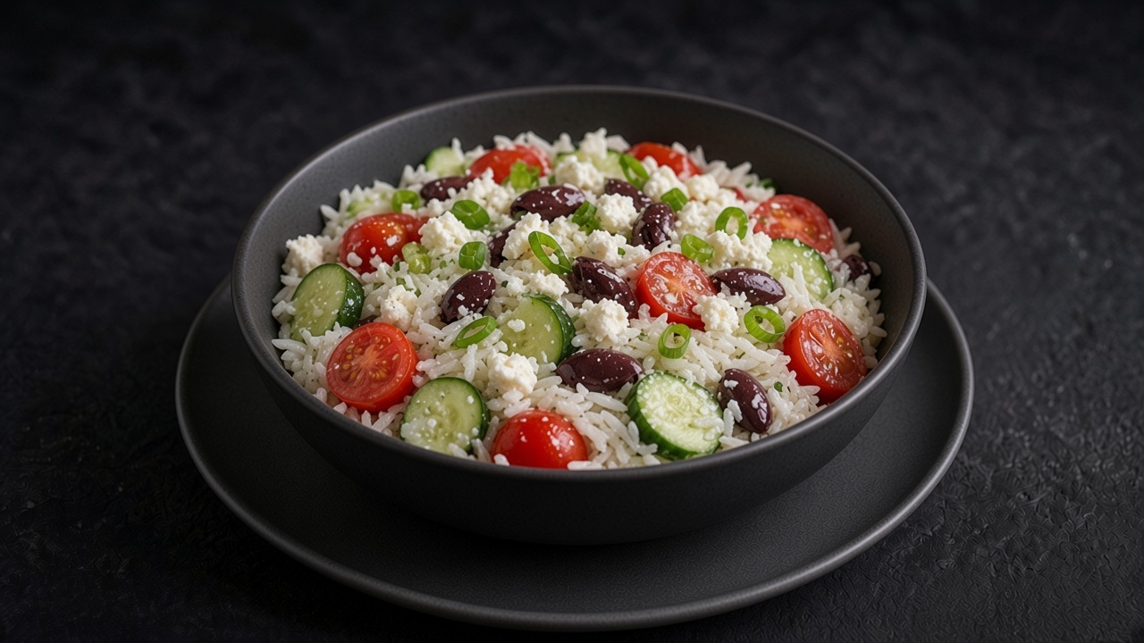 White rice with cucumber, cherry tomatoes, Kalamata olives, spring onions and crumbled feta in a matte dark bowl.