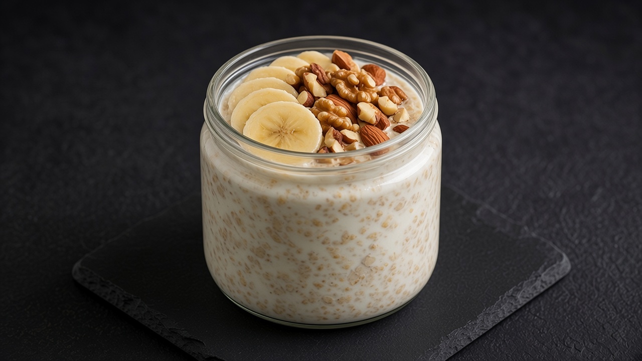 A glass jar of thick overnight oats topped with sliced banana and a scatter of nuts, on a matte dark slate board.