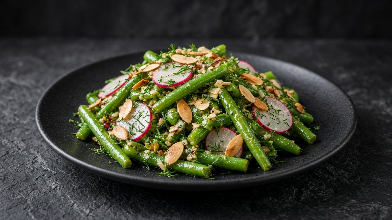 Green bean salad with sliced radishes, dill and toasted almonds on a black plate