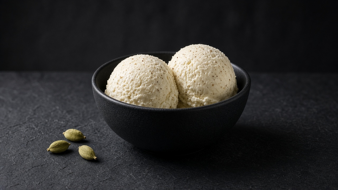 Two scoops of pale ivory cardamom custard ice cream in a black bowl, with green cardamom pods beside it.