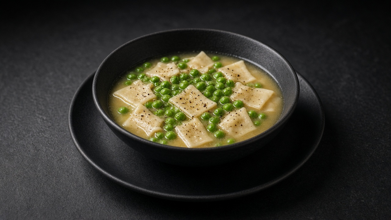 A bowl of green peas and thin flat dumplings in buttery broth on a matte dark plate.